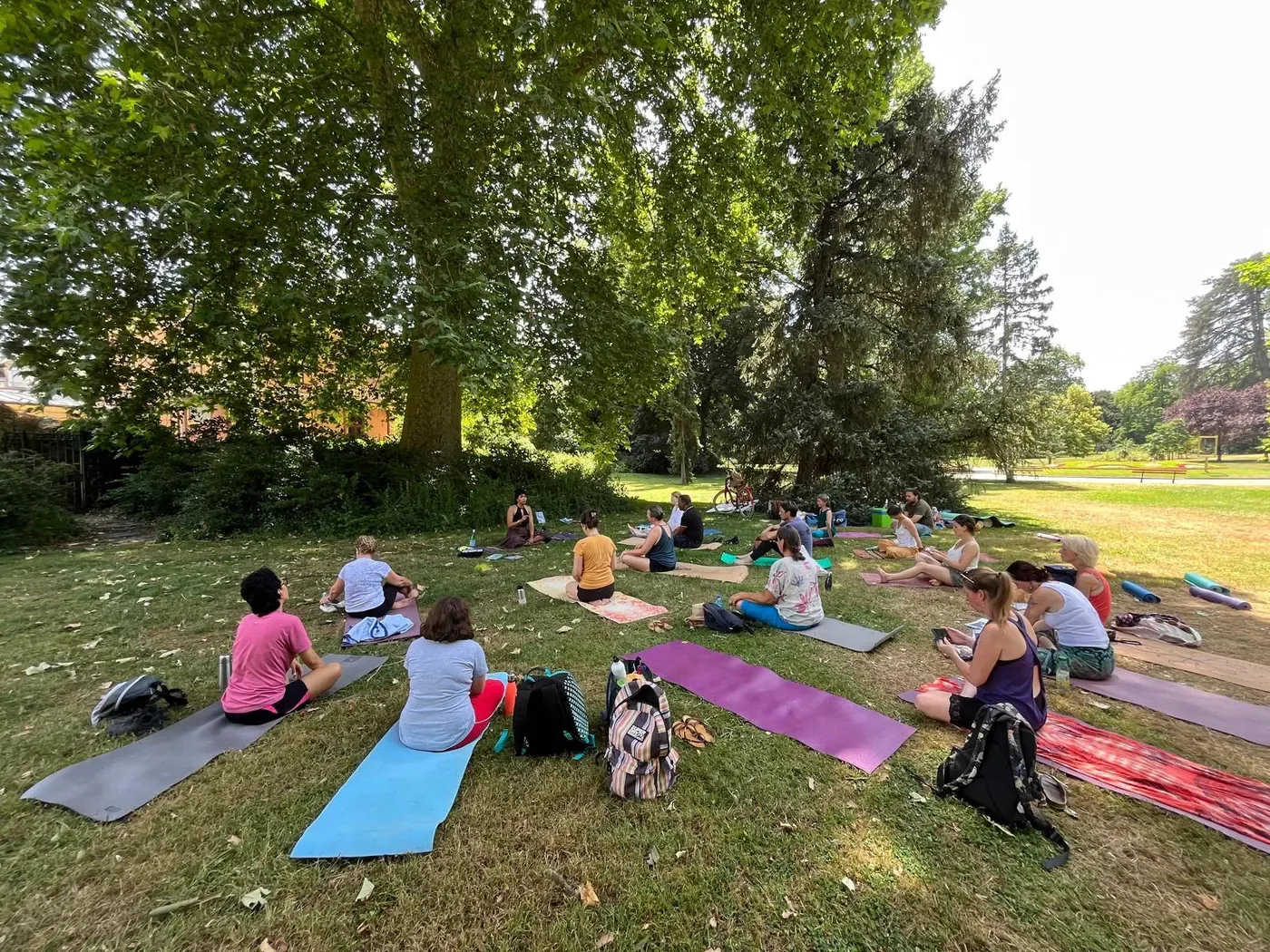 Cercle de pratique du Gitananda Yoga sous les arbres à Vichy, en France